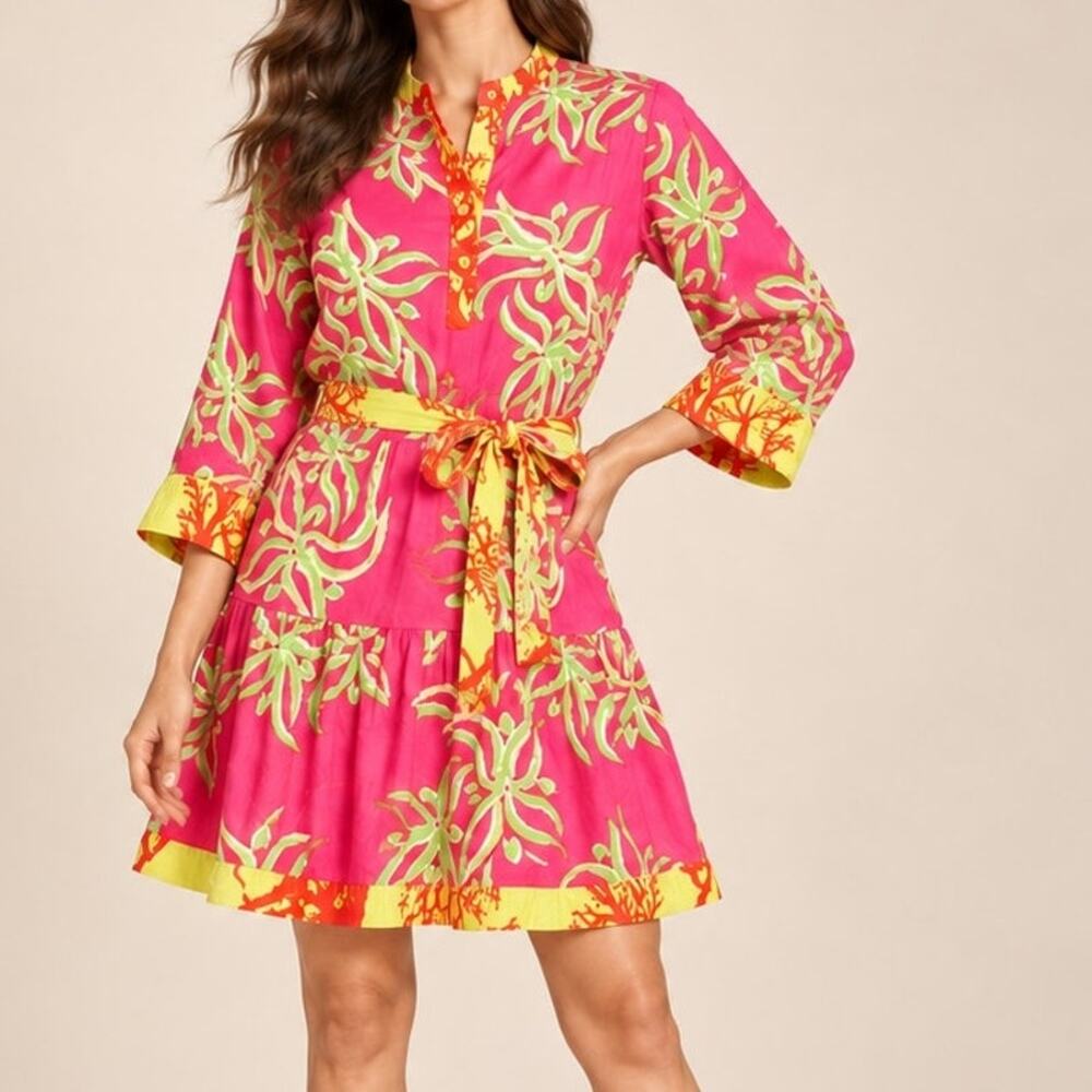 ModaPosa Alcee Dress Small Pink Green Botanical Print Cotton Belted NWT